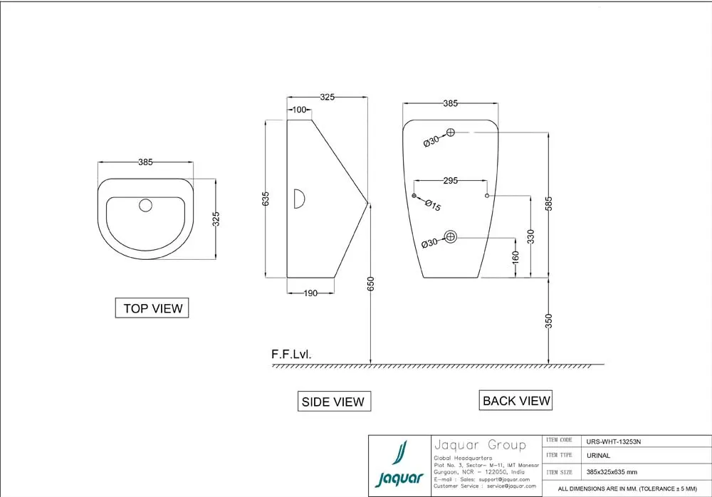 Jaquar Back Inlet Urinal, 385 x 325 x 635 mm URS-BLM-13253N Black Matt - image 2