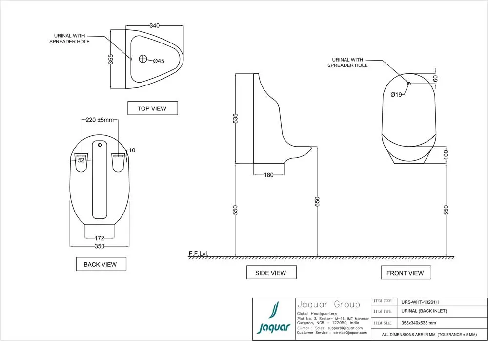 Jaquar Urinal with Spreader, 355 x 340 x 535 mm URS-WHT-13261H White - image 2