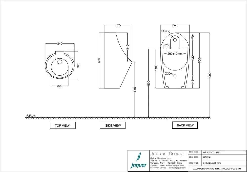 Jaquar Back Inlet Urinal, 340 x 325 x 650 mm URS-WHT-13263 White - image 2