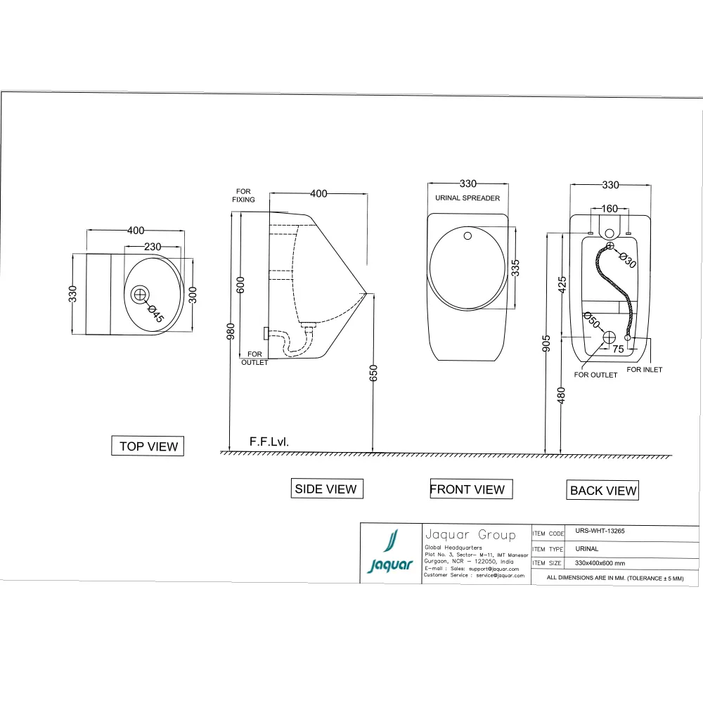 Jaquar Urinal with Spreader, 330 x 400 x 600 mm URS-WHT-13265 White - image 2