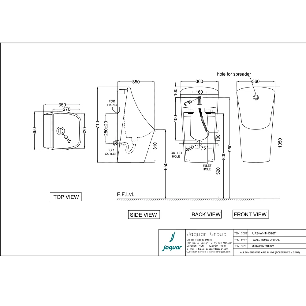 Jaquar Urinal with Spreader, 360 x 350 x 710 mm URS-WHT-13267 White - image 2