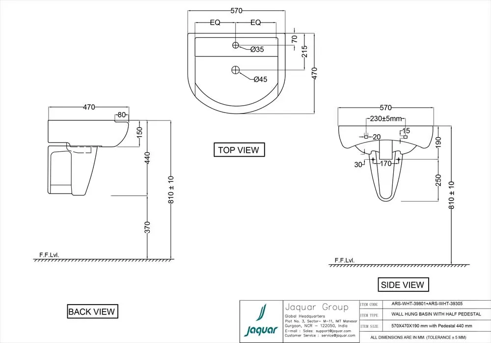 Jaquar Aria Wall Hung Basin with Half Pedestal, 570 x 470 x 190 mm ARS-WHT-39801 White - image 2