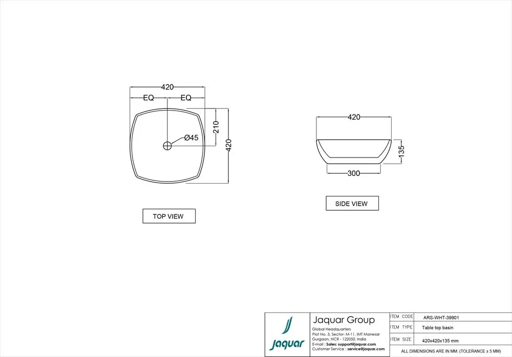 Jaquar Aria Table Top Basin, 420 x 420 x 135 mm ARS-WHT-39901 White - image 2