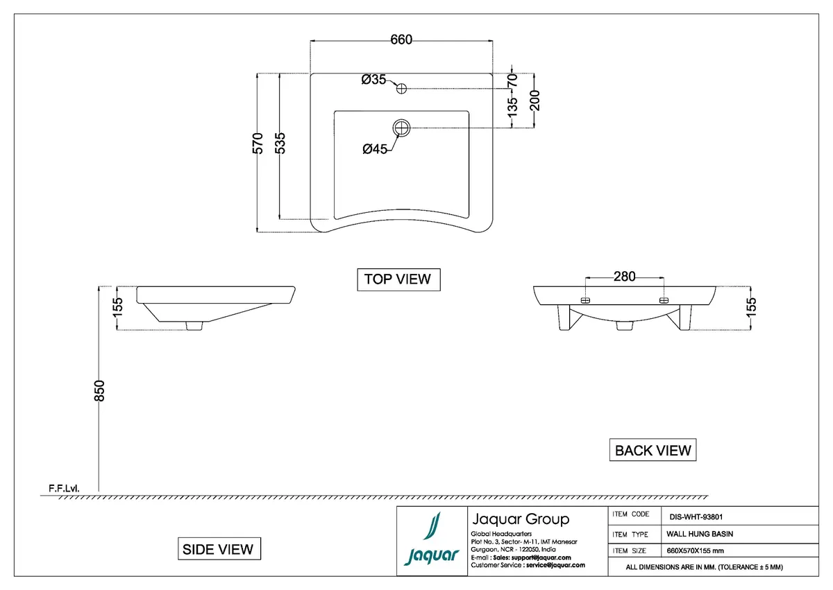 Jaquar Disabled-Friendly Wall Hung Basin, 650 x 565 x 155 mm DIS-WHT-93801 White - image 2