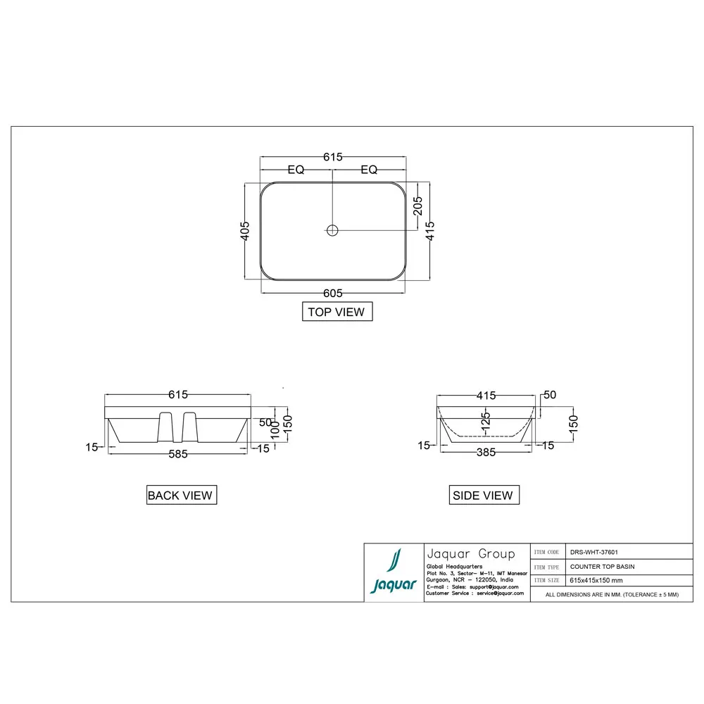 Jaquar D'Arc Counter Top Basin, 615 x 415 x 150 mm DRS-WHT-37601 White - image 2
