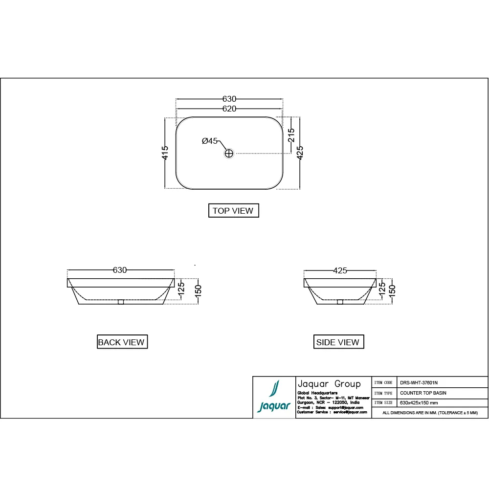 Jaquar D'Arc Counter Top Basin, 615 x 415 x 150 mm DRS-WHT-37601N White - image 2