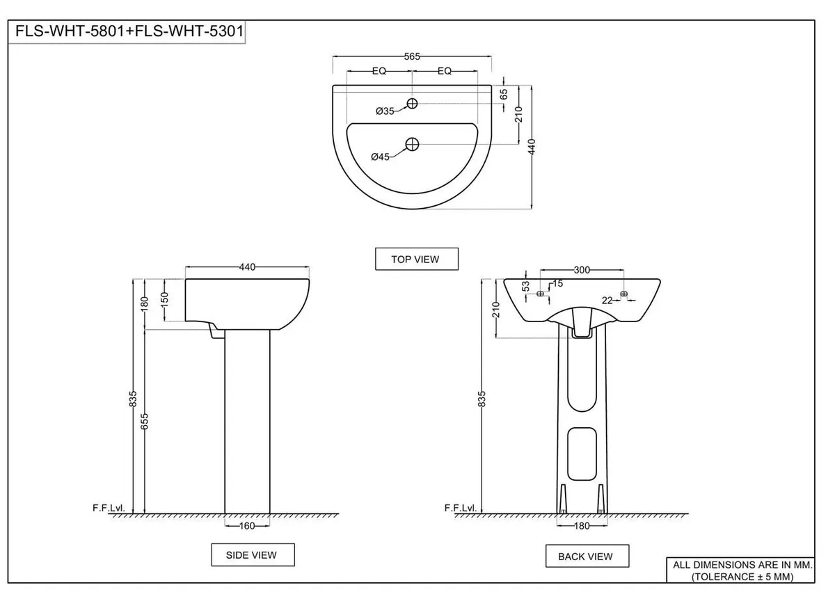 Jaquar Florentine Wall Hung Basin with Full Pedestal, 585 x 450 x 220 mm FLS-WHT-5801 White - image 2