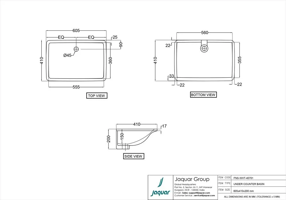 Jaquar Fonte Under Counter Basin, 605 x 410 x 200 mm FNS-WHT-40701 White - image 2