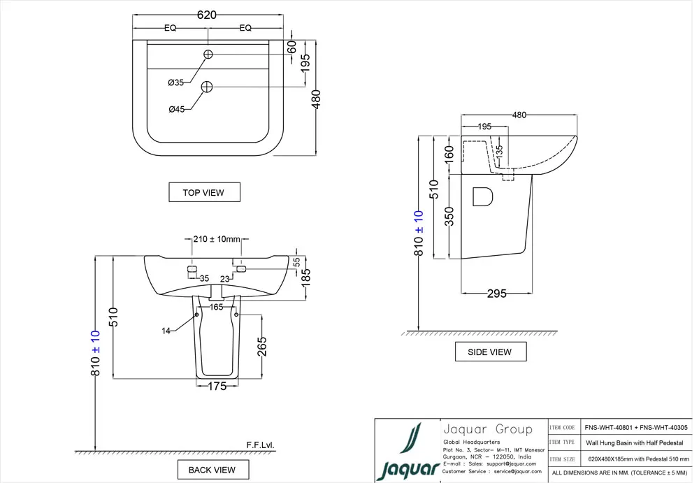 Jaquar Fonte Wall Hung Basin with Half Pedestal, 620 x 480 x 185 mm FNS-WHT-40801 White - image 2
