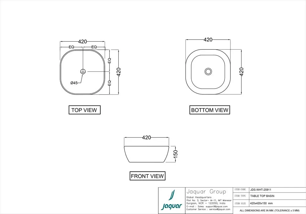 Jaquar JDR Thin Rim Table Top Basin, 420 x 420 x 150 mm JDS-BEM-25911 Beige Matt - image 2