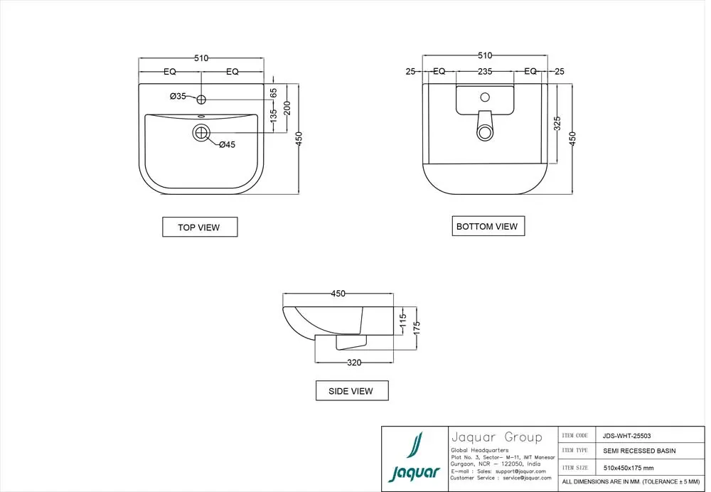 Jaquar JDR Semi Recessed Basin, 510 x 450 x 175 mm JDS-WHT-25503 White - image 2