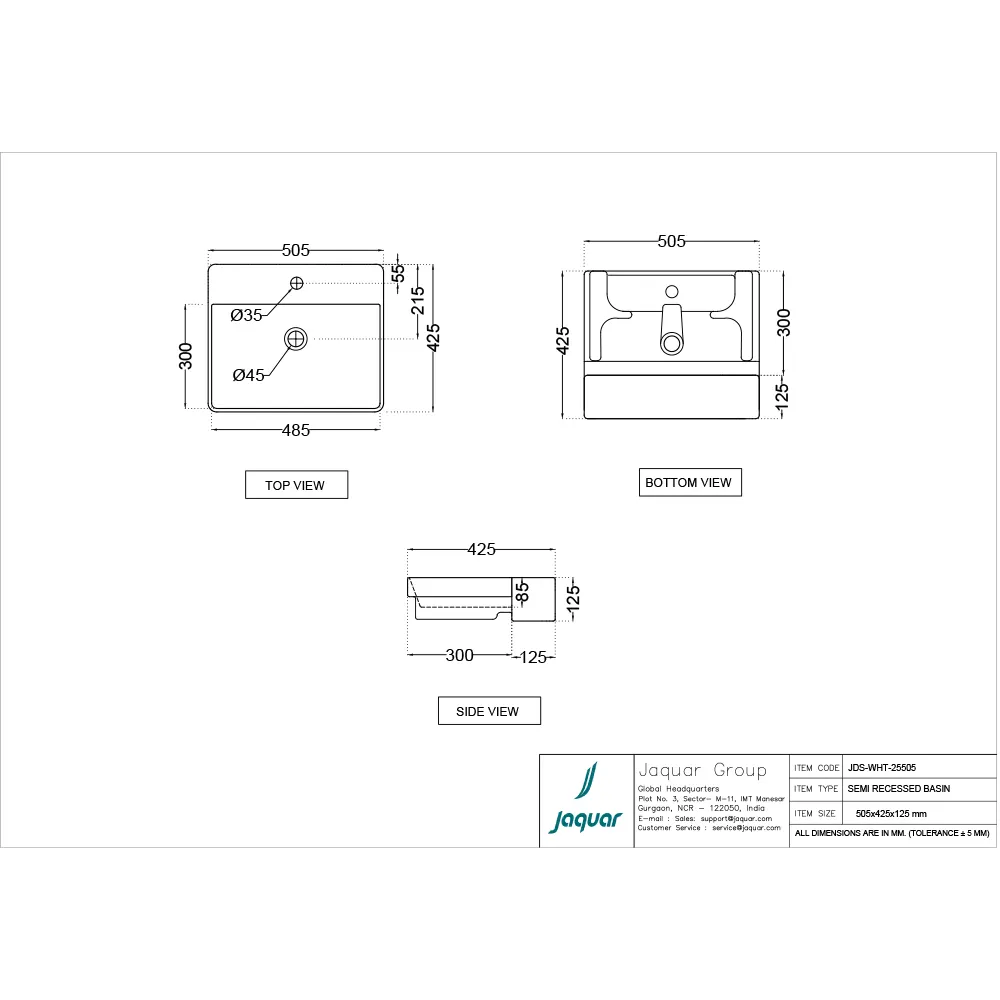 Jaquar JDR Semi Recessed Basin, 505 x 425 x 125 mm JDS-WHT-25505 White - image 2