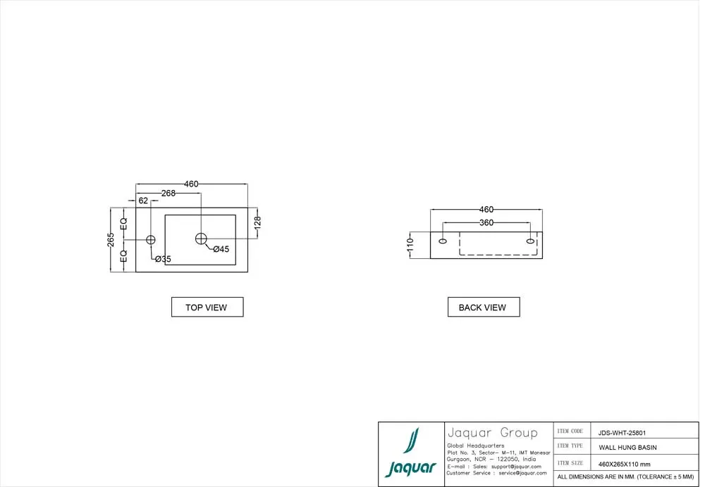 Jaquar JDR Table Top Basin, 460 x 265 x 110 mm JDS-WHT-25801 White - image 2