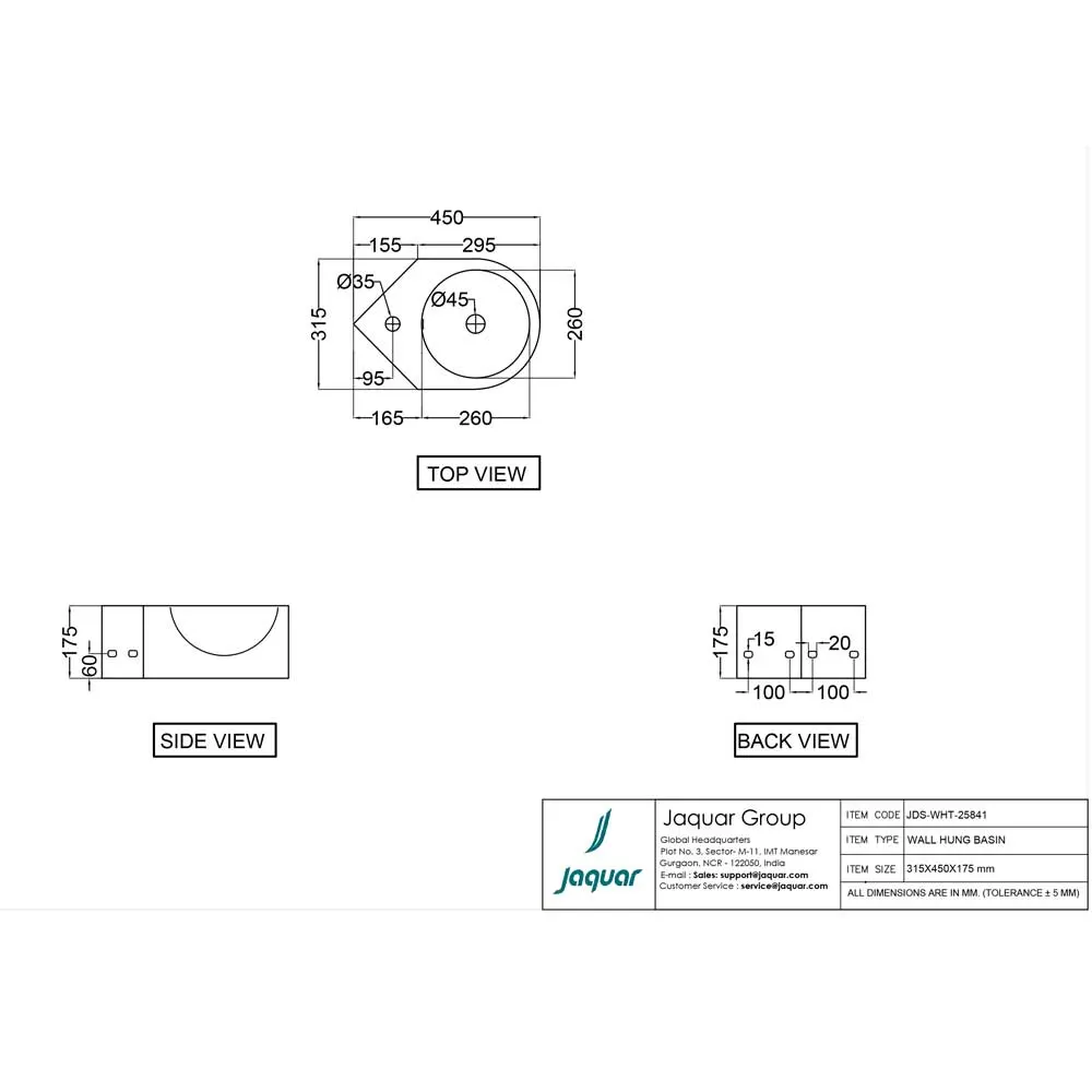 Jaquar JDR Wall Hung Corner Basin, 315 x 450 x 175 mm JDS-WHT-25841 White - image 2