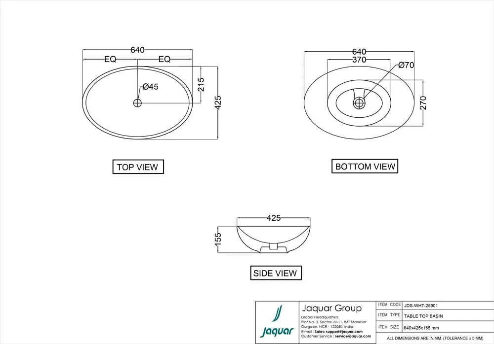 Jaquar JDR Table Top Basin, 640 x 425 x 155 mm JDS-WHT-25901 White - image 2