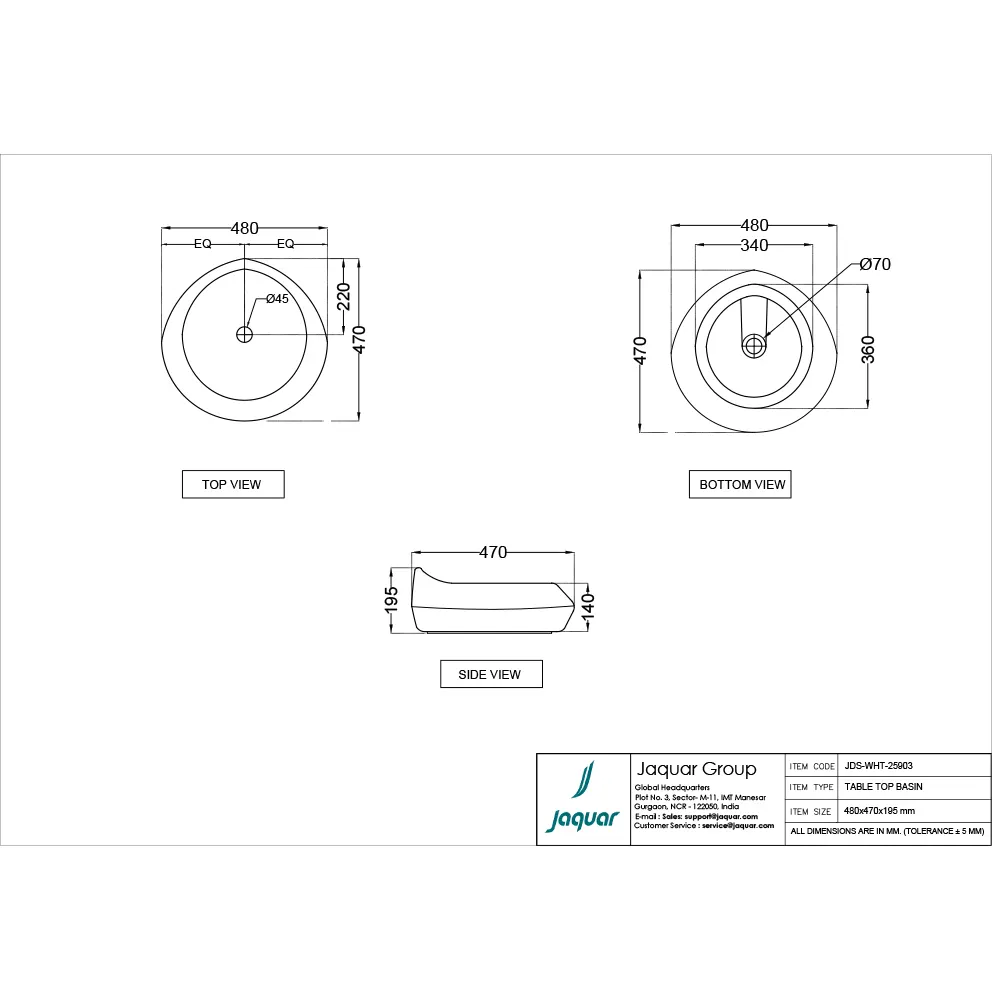 Jaquar JDR Table Top Basin, 480 x 470 x 195 mm JDS-WHT-25903 White - image 2