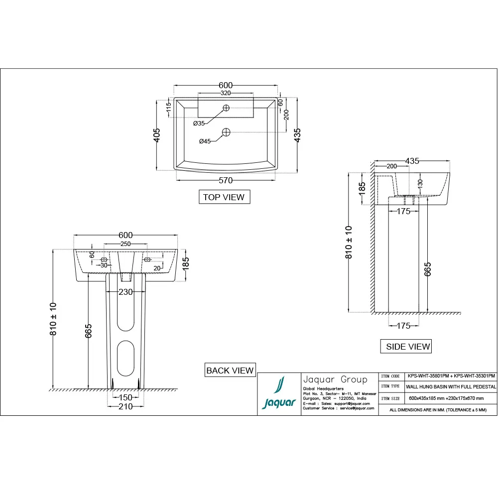 Jaquar Kubix Prime Washbasin Full Pedestal, for KUS-WHT-35801PM KUS-WHT-35301PM White - image 2
