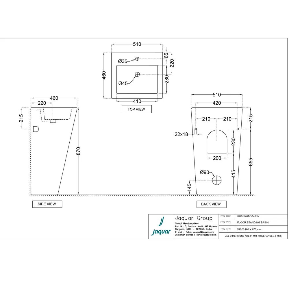 Jaquar Kubix Floor Standing Basin, 520 x 460 x 855 mm KUS-WHT-35401N White - image 2