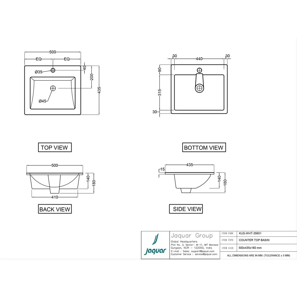Jaquar Kubix Counter Top Basin, 500 x 435 x 180 mm KUS-WHT-35601 White - image 2