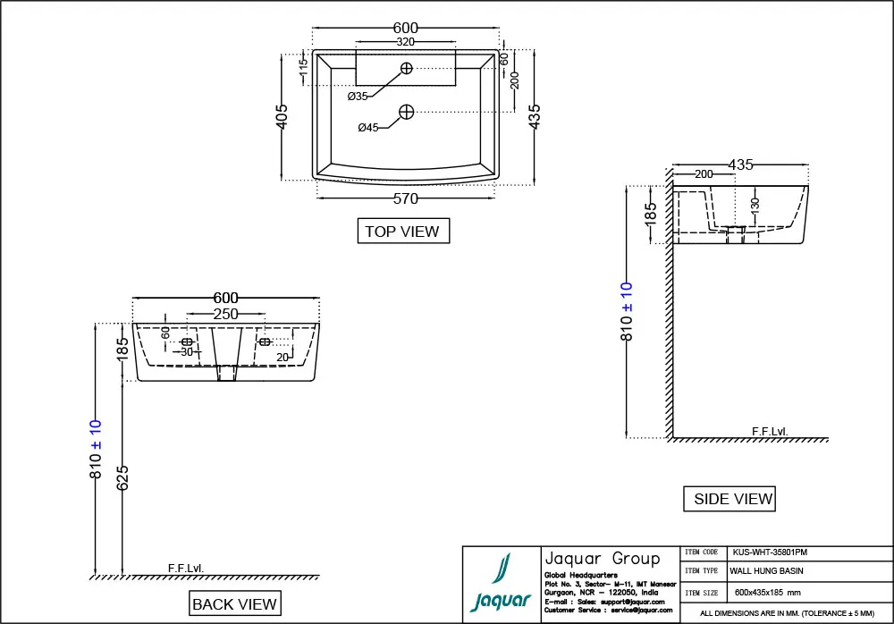 Jaquar Kubix Prime Wall Hung Basin, 600 x 435 x 185 mm KUS-WHT-35801PM White - image 2