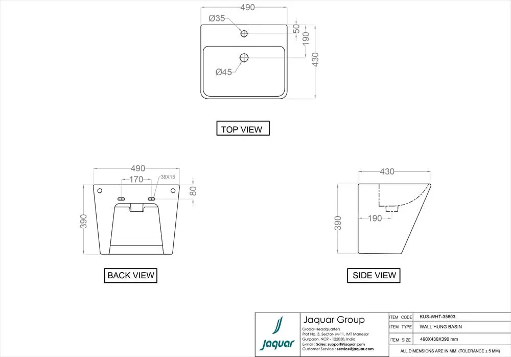 Jaquar Kubix Wall Hung Integrated Basin, 490 x 430 x 390 mm KUS-WHT-35803 White - image 2