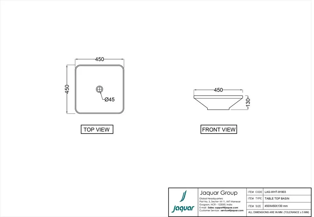Jaquar Laguna Table Top Basin, 450 x 450 x 130 mm LAS-WHM-91903 White Matt - image 2