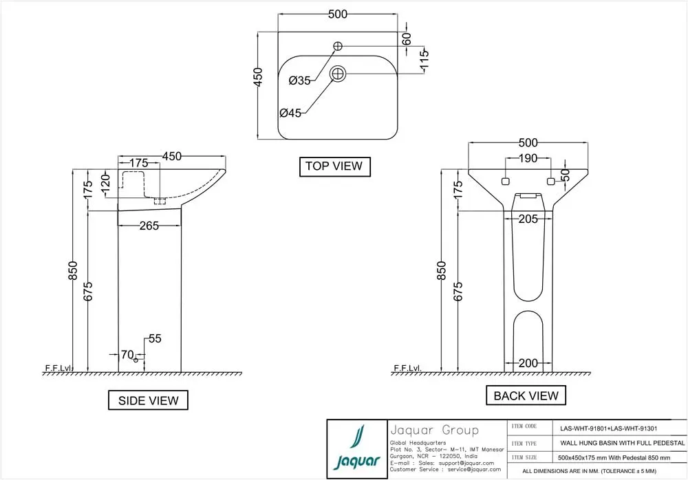 Jaquar Laguna Wall Hung Basin with Full Pedestal, 500 x 450 x 175 mm LAS-WHT-91801 White - image 2