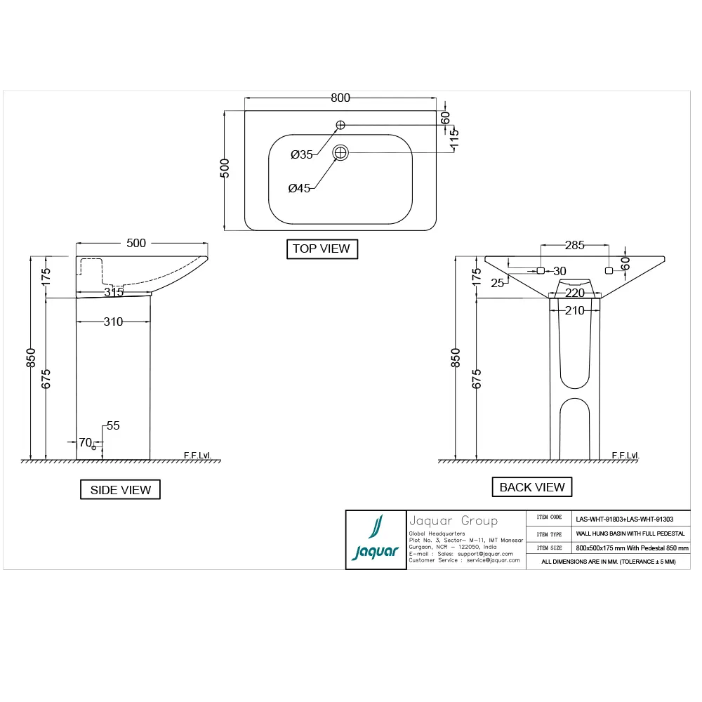 Jaquar Laguna Wall Hung Basin with Full Pedestal, 800 x 500 x 175 mm LAS-WHT-91803 White - image 2