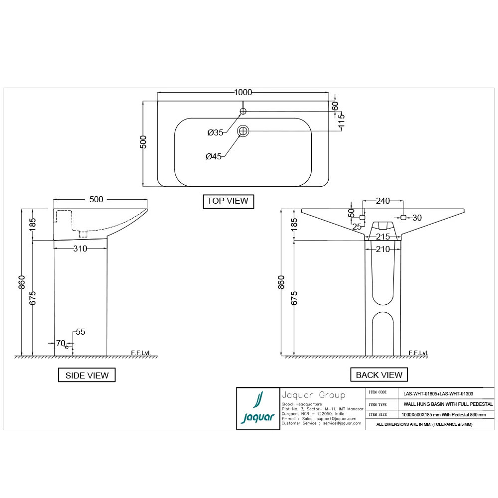 Jaquar Laguna Wall Hung Basin with Full Pedestal, 1000 x 500 x 185 mm LAS-WHT-91805 White - image 2