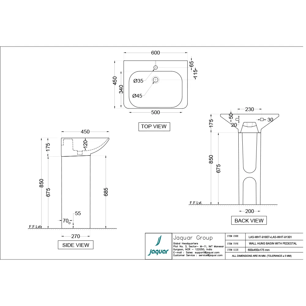 Jaquar Laguna Wall Hung Basin with Full Pedestal, 600 x 450 x 175 mm LAS-WHT-91807 White - image 2