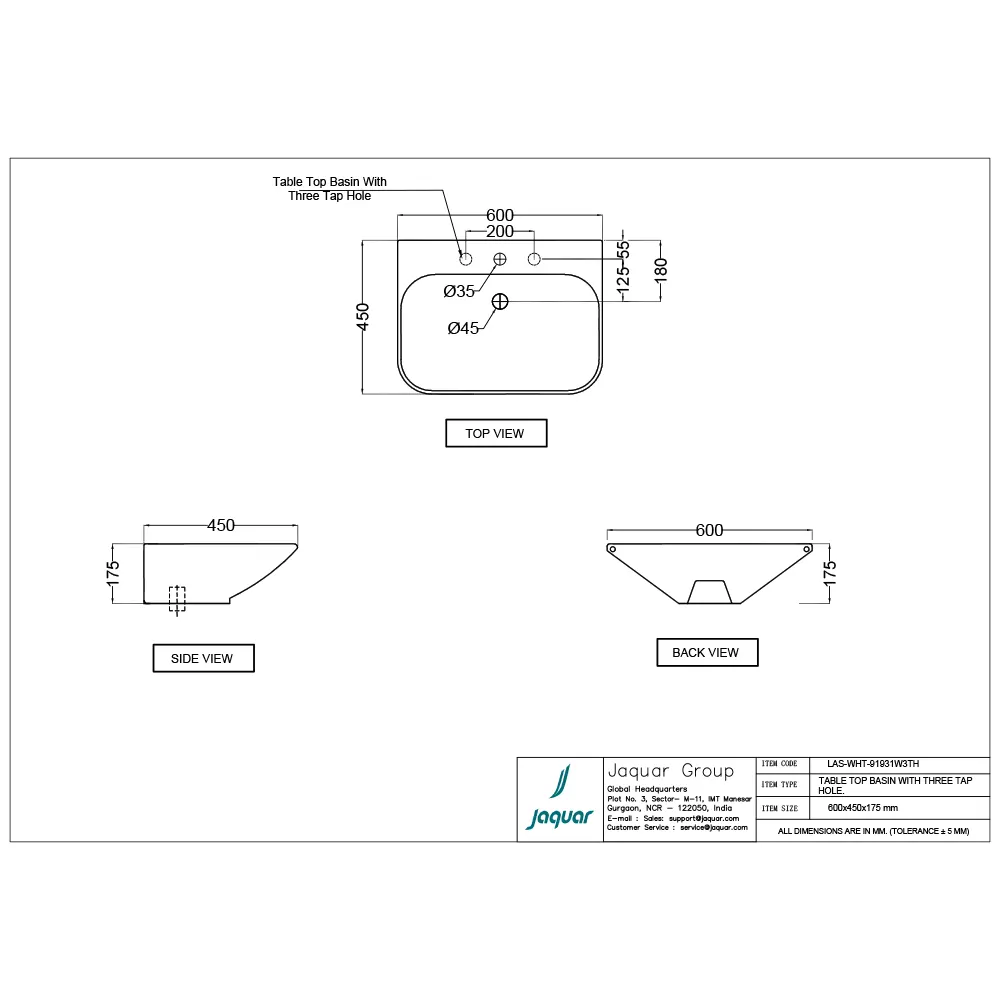 Jaquar Laguna Table Top Basin with Three Tap Hole, 600 x 450 x 175 mm LAS-WHT-91931W3TH White - image 2