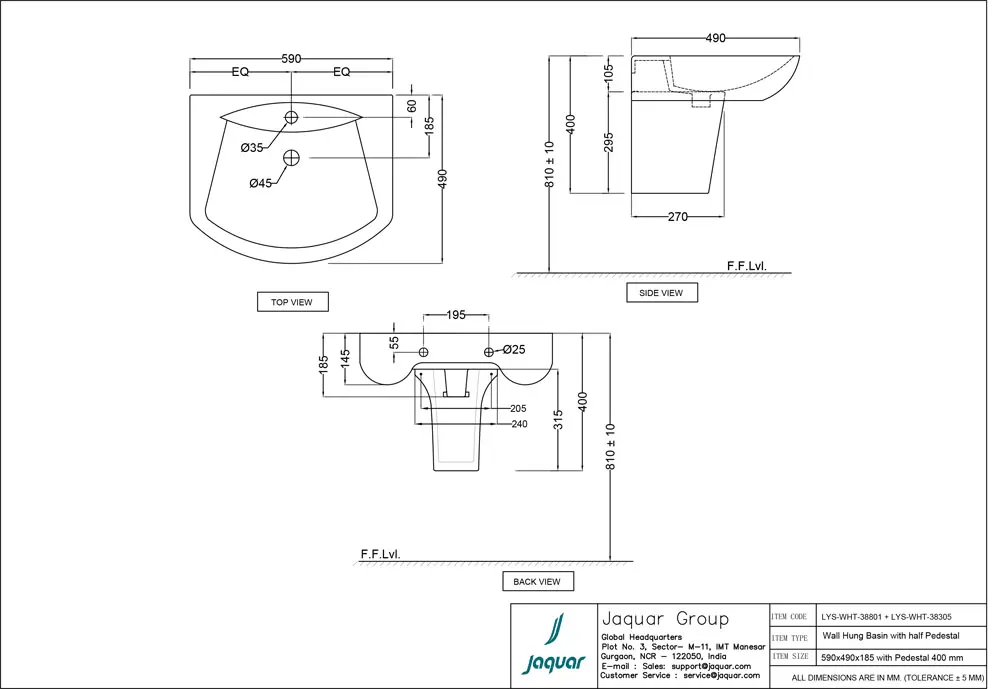 Jaquar Lyric Wall Hung Basin with Half Pedestal, 590 x 490 x 185 mm LYS-WHT-38801 White - image 2