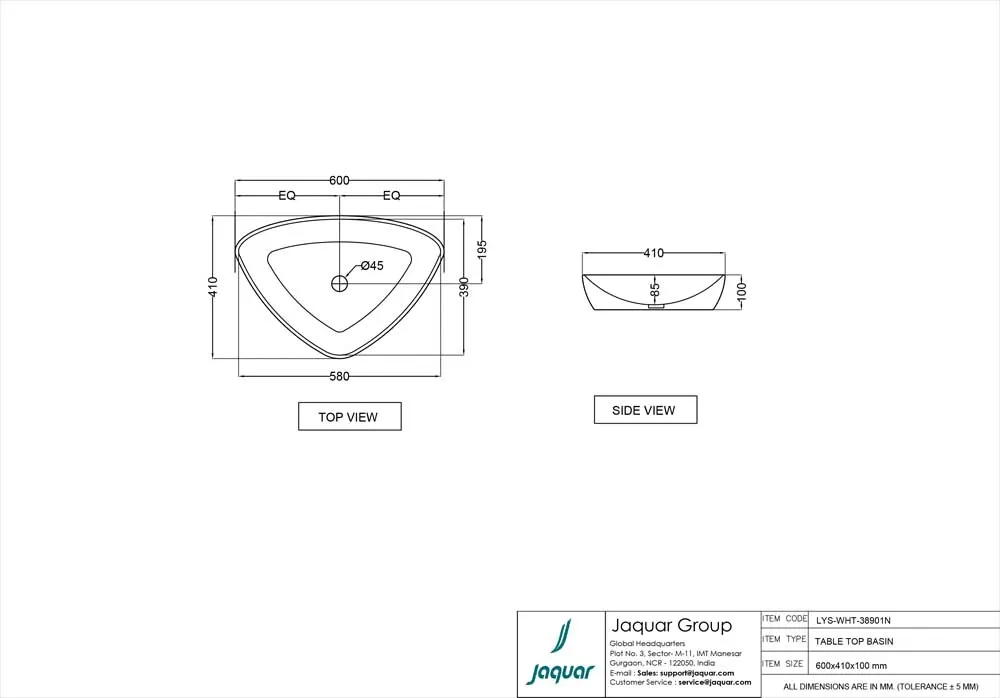 Jaquar Lyric Thin Rim Table Top Basin, 600 x 410 x 100 mm LYS-WHT-38901N White - image 2