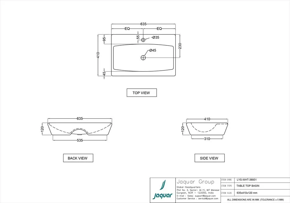 Jaquar Lyric Table Top Basin, 635 x 410 x 120 mm LYS-WHT-38931 White - image 2