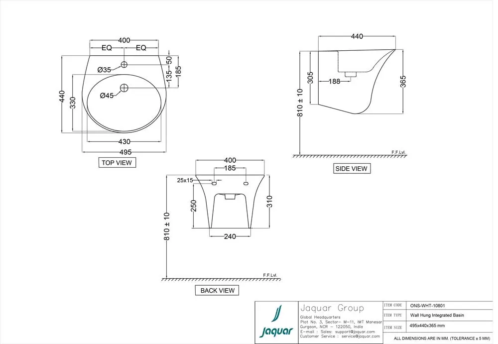 Jaquar Ornamix Wall Hung Integrated Basin, 495 x 440 x 365 mm ONS-WHT-10801 White - image 2