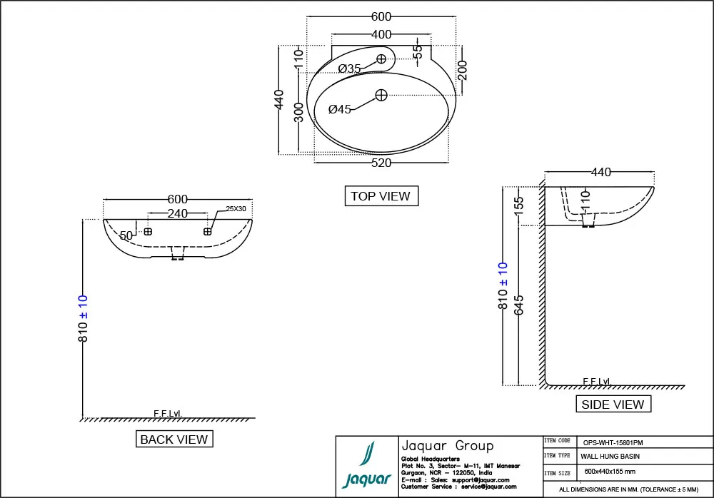 Jaquar Opal Prime Wall Hung Basin, 600 x 440 x 155 mm OPS-WHT-15801PM White - image 2