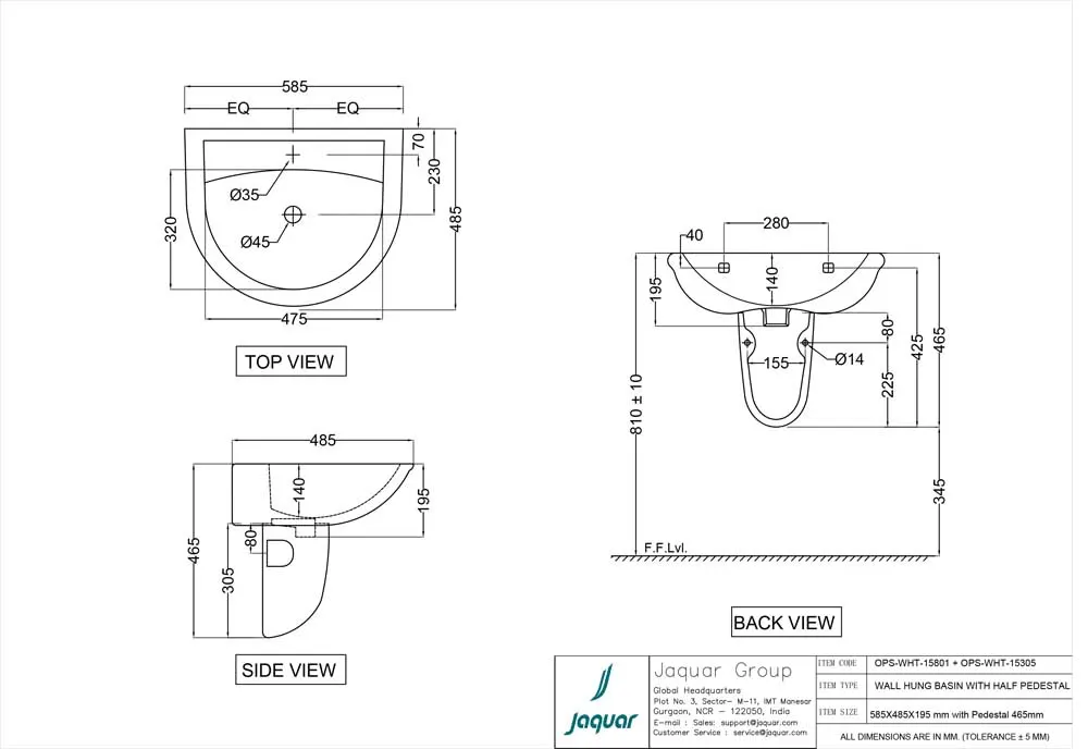 Jaquar Opal Wall Hung Integrated Basin, 530 x 460 x 400 mm OPS-WHT-15803 White - image 2