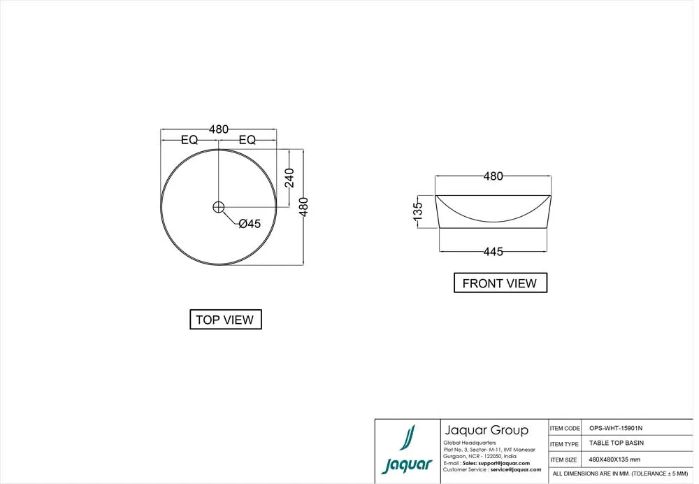 Jaquar Opal Thin Rim Table Top Basin, 480 x 480 x 135 mm OPS-WHT-15901N White - image 2