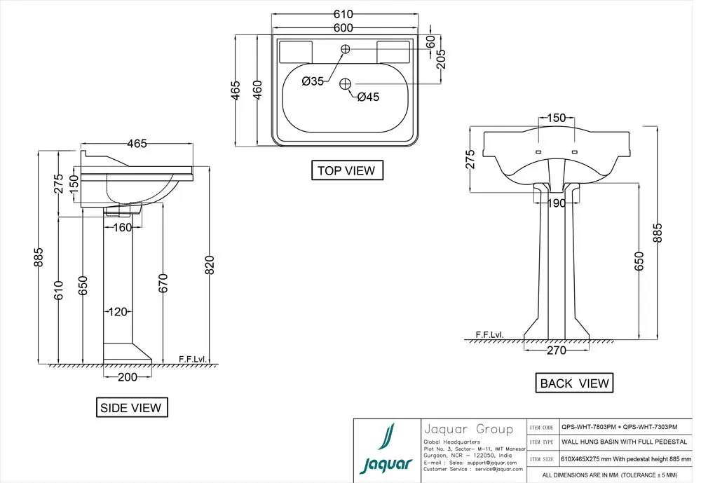 Jaquar Queens Prime Wall Hung Basin with Full Pedestal, 610 x 465 x 275 mm QPS-WHT-7803PM White - image 2