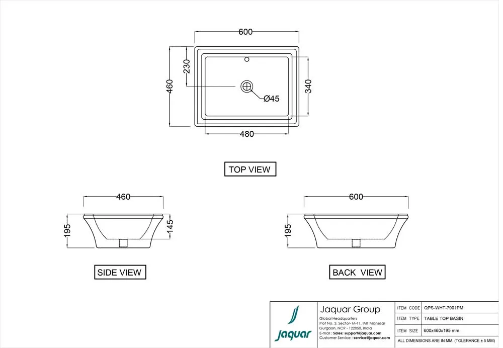 Jaquar Queens Prime Table Top Basin, 600 x 460 x 195 mm QPS-WHT-7901PM White - image 2