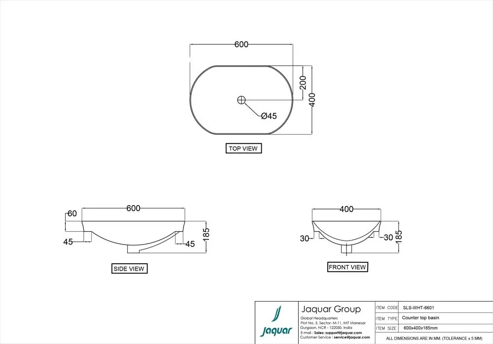 Jaquar Solo Counter Top Basin, 600 x 400 x 185 mm SLS-WHT-6601 White - image 2