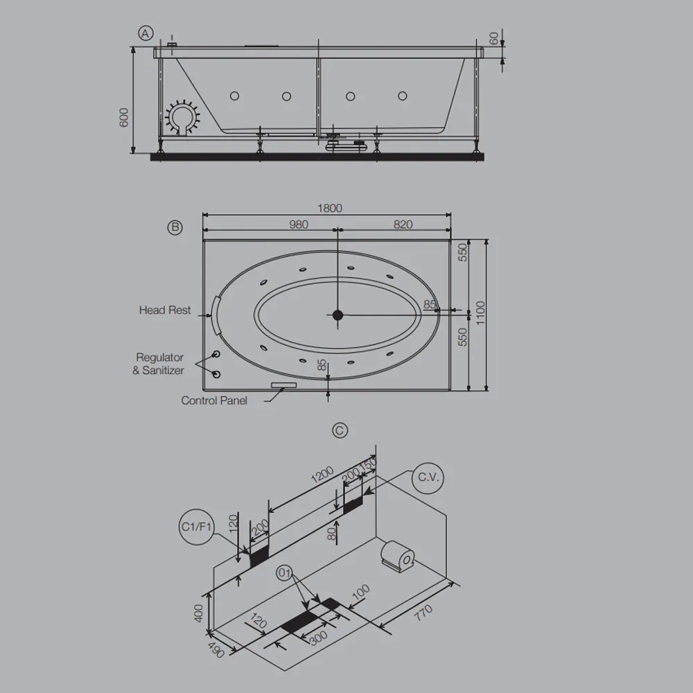 Jaquar D'Arc Whirlpool & Airpool Combi Bathtub, 1800 x 1100 x 470 mm JWP-WHT-DARC180CX Standard - image 2