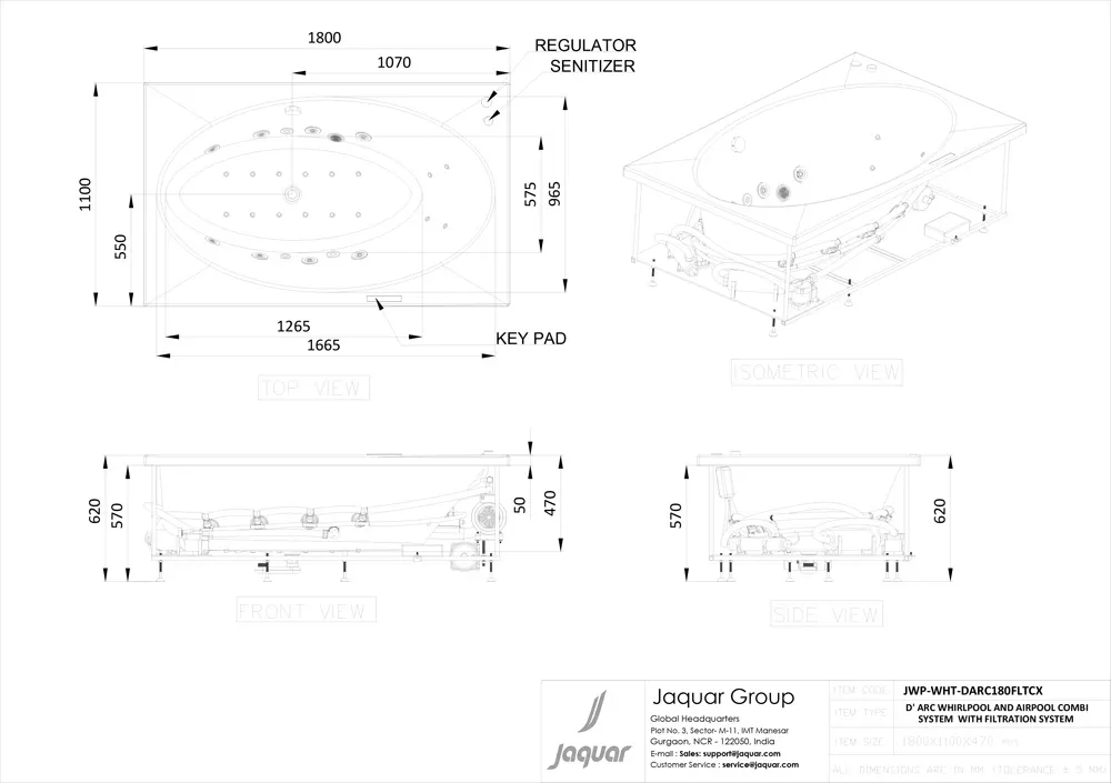 Jaquar D'Arc Whirlpool & Airpool Combi Bathtub with Trigiene Filtration, 1800 x 1100 x 470 mm JWP-WHT-DARC180FLTCX Standard - image 2