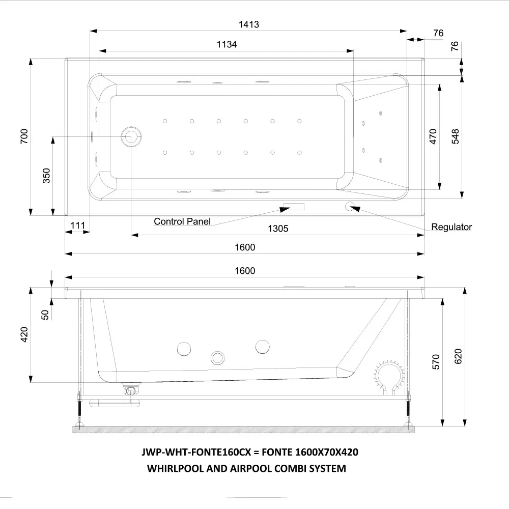 Jaquar Fonte Whirlpool & Airpool Combi Bathtub, 1600 x 700 x 420 mm JWP-WHT-FONTE160CX Standard - image 2