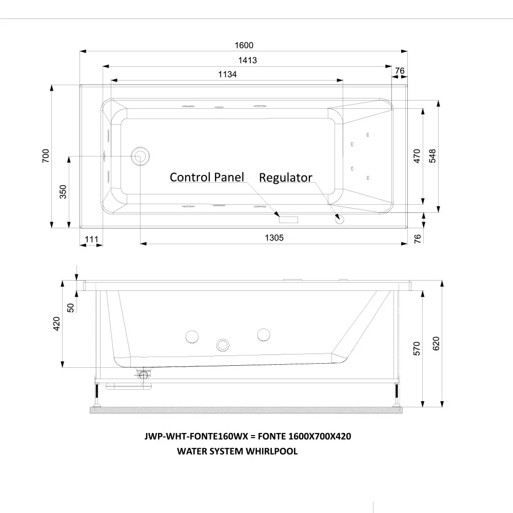 Jaquar Fonte Whirlpool Water System Bathtub, 1600 x 700 x 420 mm JWP-WHT-FONTE160WX Standard - image 2