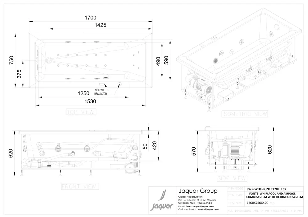 Jaquar Fonte Whirlpool & Airpool Combi Bathtub with Trigiene Filtration, 1700 x 750 x 420 mm JWP-WHT-FONTE170FLTCX Standard - image 2