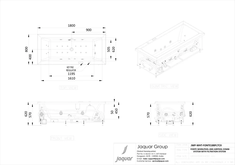 Jaquar Fonte Whirlpool & Airpool Combi Bathtub with Trigiene Filtration, 1800 x 800 x 450 mm JWP-WHT-FONTE180FLTCX Standard - image 2