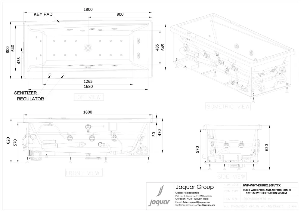 Jaquar Kubix Whirlpool & Airpool Combi Bathtub with Trigiene Filtration, 1800 x 800 x 470 mm JWP-WHT-KUBIX180FLTCX Standard - image 2