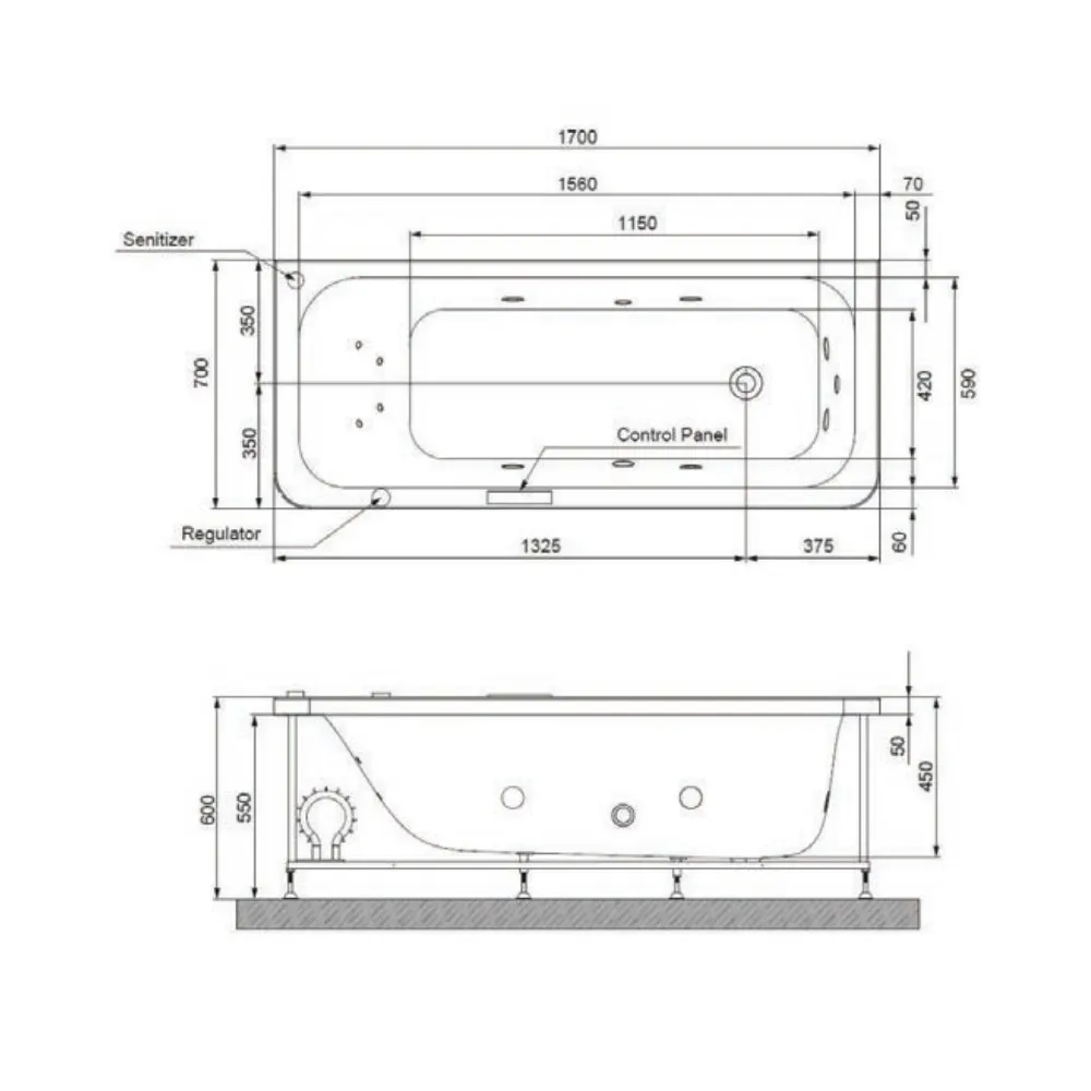 Jaquar Laguna Whirlpool & Airpool Combi Bathtub, 1700 x 700 x 450 mm JWP-WHT-LAGUNA170CX Standard - image 2