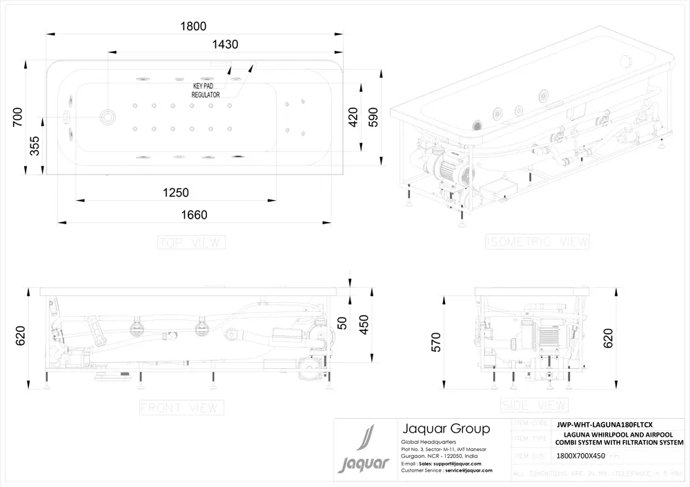 Jaquar Laguna Whirlpool & Airpool Combi Bathtub with Trigiene Filtration, 1800 x 700 x 450 mm JWP-WHT-LAGUNA180FLTCX Standard - image 2